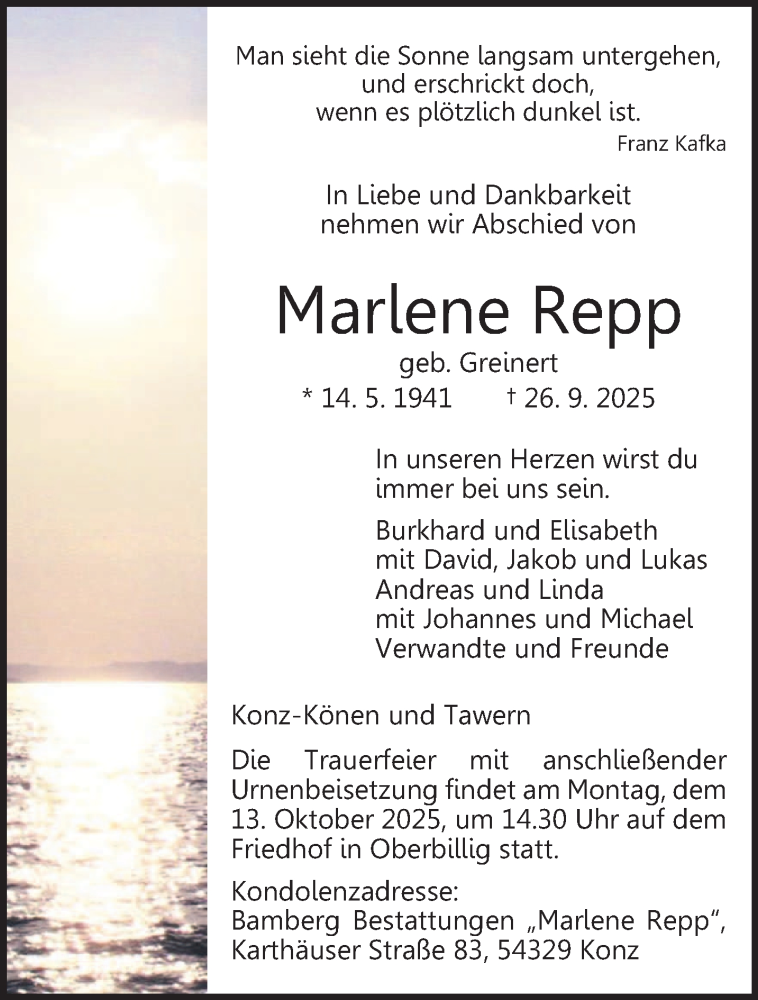  Traueranzeige für Marlene Repp vom 04.10.2025 aus trierischer_volksfreund