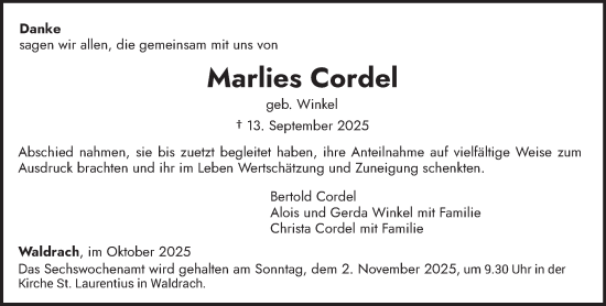 Traueranzeige von Marlies Cordel von trierischer_volksfreund