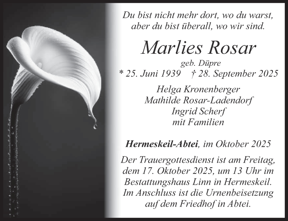  Traueranzeige für Marlies Rosar vom 11.10.2025 aus trierischer_volksfreund