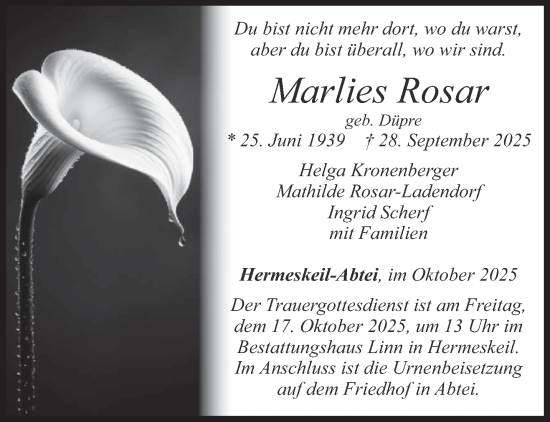 Traueranzeige von Marlies Rosar von trierischer_volksfreund