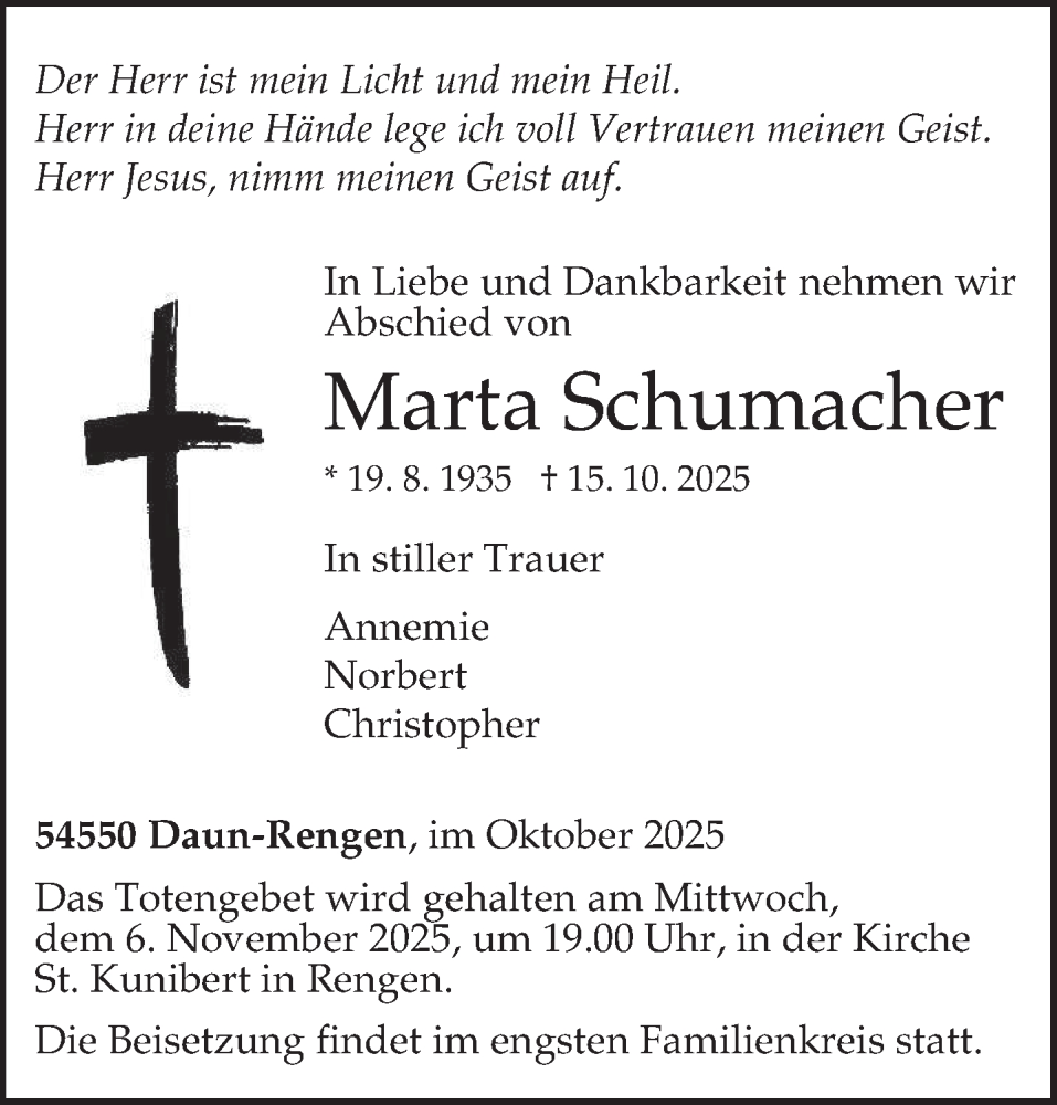  Traueranzeige für Marta Schumacher vom 29.10.2025 aus trierischer_volksfreund