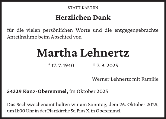 Traueranzeige von Martha Lehnertz von trierischer_volksfreund