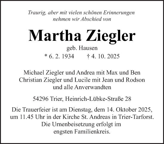 Traueranzeige von Martha Ziegler von trierischer_volksfreund