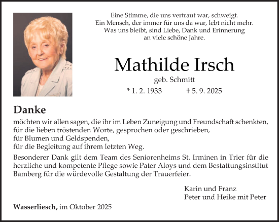 Traueranzeige von Mathilde Irsch von trierischer_volksfreund