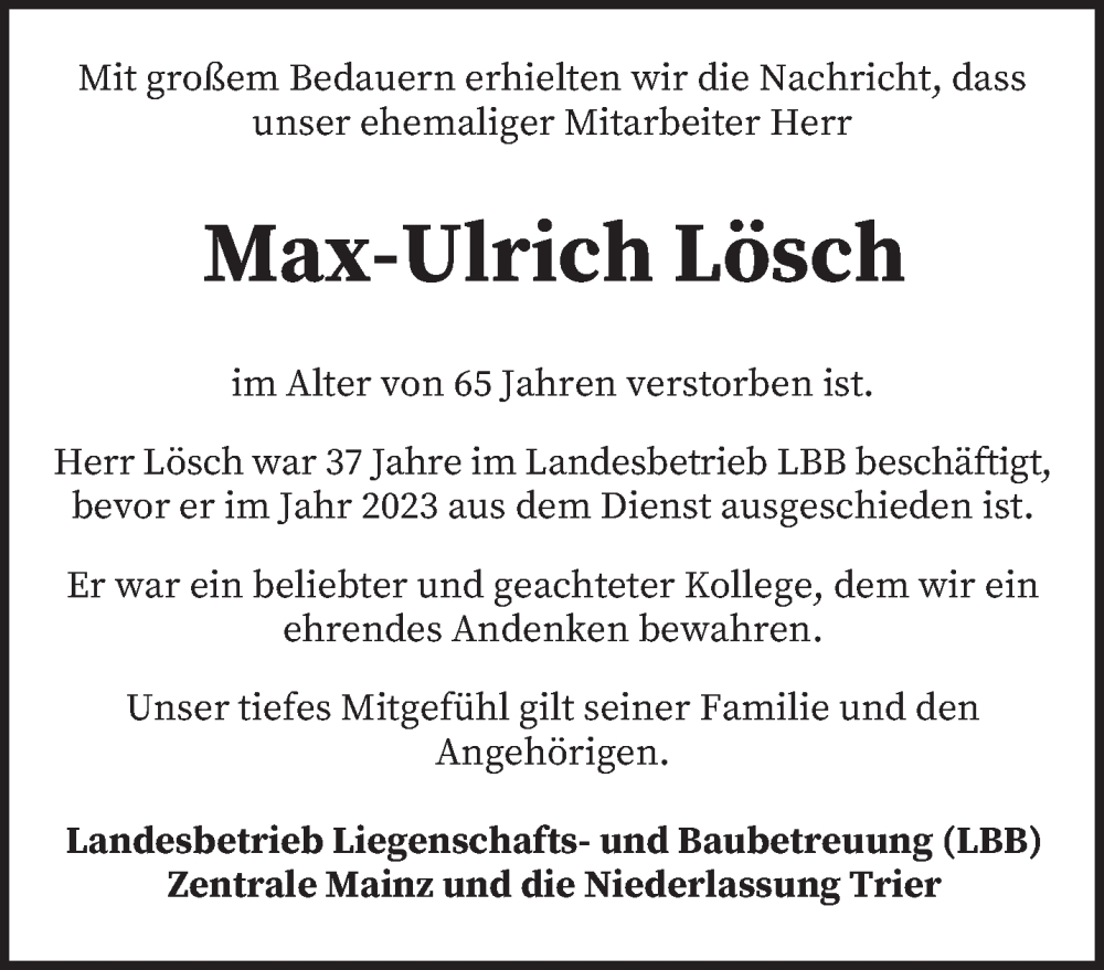  Traueranzeige für Max-Ulrich Lösch vom 04.10.2025 aus trierischer_volksfreund