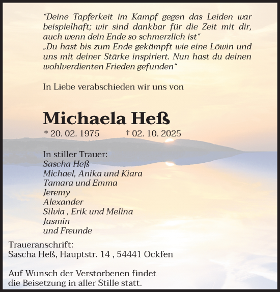 Traueranzeige von Michaela Heß von trierischer_volksfreund