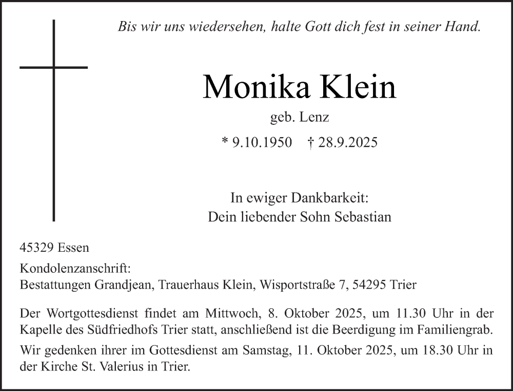  Traueranzeige für Monika Klein vom 02.10.2025 aus trierischer_volksfreund