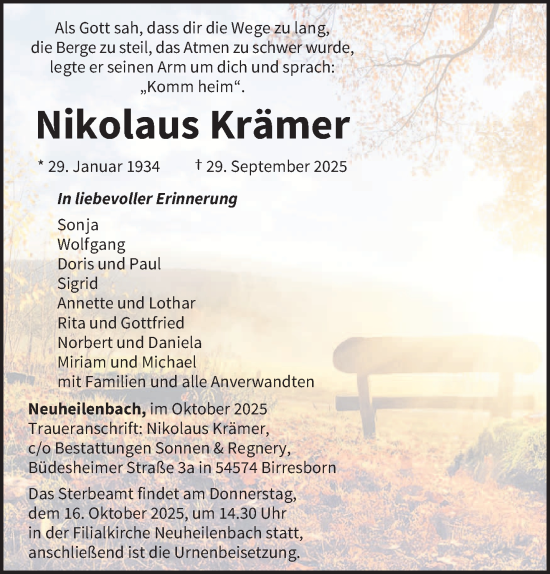 Traueranzeige von Nikolaus Krämer von trierischer_volksfreund