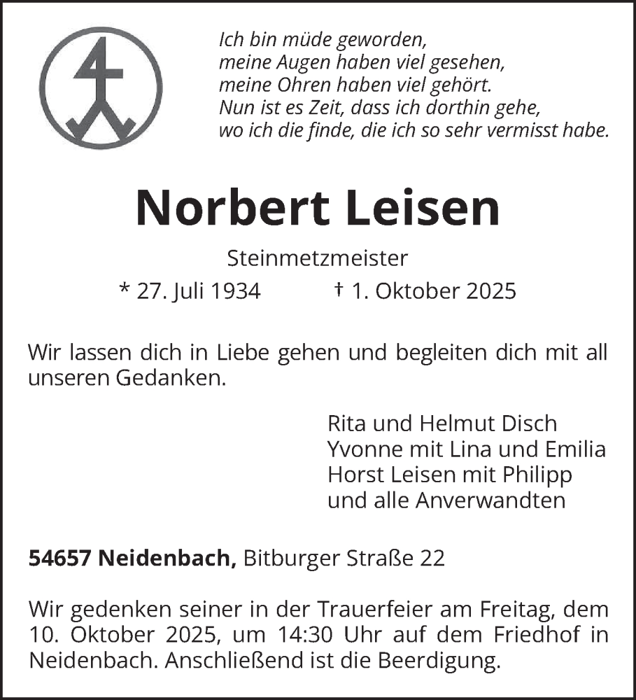  Traueranzeige für Norbert Leisen vom 04.10.2025 aus trierischer_volksfreund