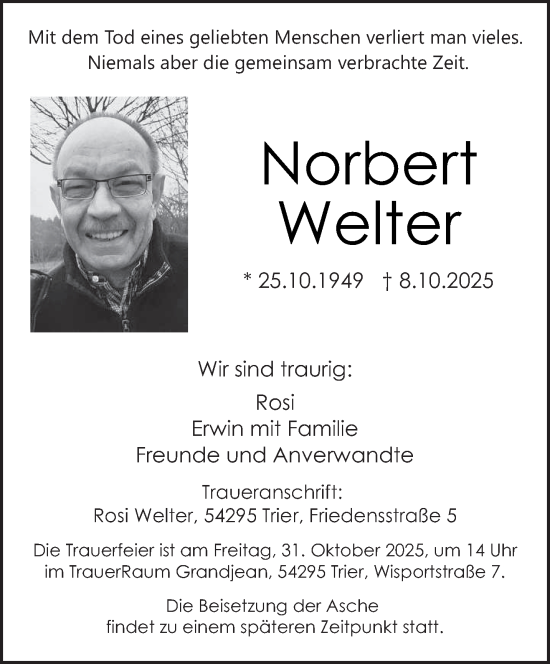 Traueranzeige von Norbert Welter von trierischer_volksfreund
