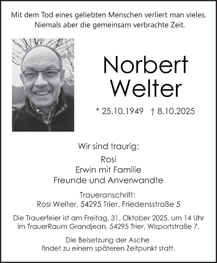  Traueranzeige für Norbert Welter vom 25.10.2025 aus trierischer_volksfreund