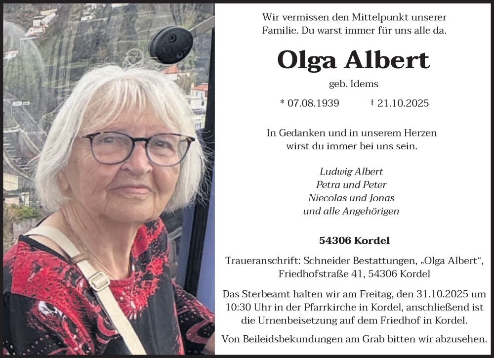  Traueranzeige für Olga Albert vom 25.10.2025 aus trierischer_volksfreund