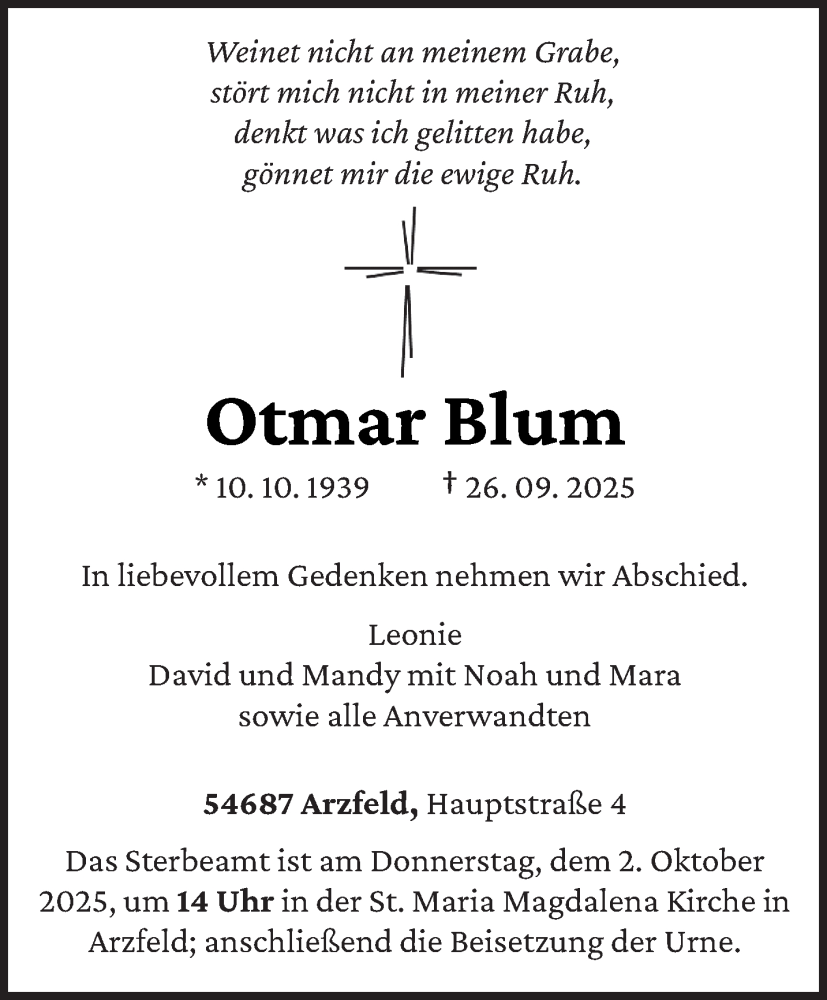  Traueranzeige für Otmar Blum vom 30.09.2025 aus trierischer_volksfreund