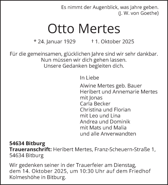 Traueranzeige von Otto Mertes von trierischer_volksfreund