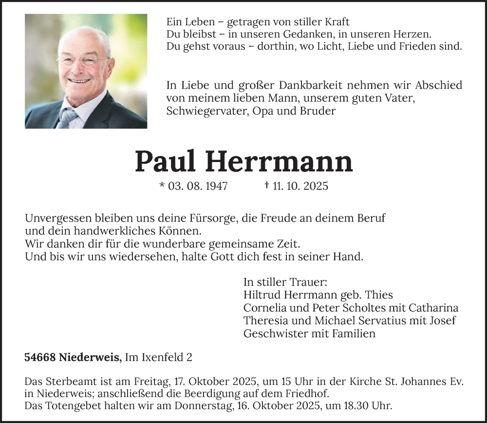  Traueranzeige für Paul Herrmann vom 15.10.2025 aus trierischer_volksfreund