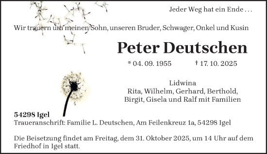 Traueranzeige von Peter Deutschen von trierischer_volksfreund