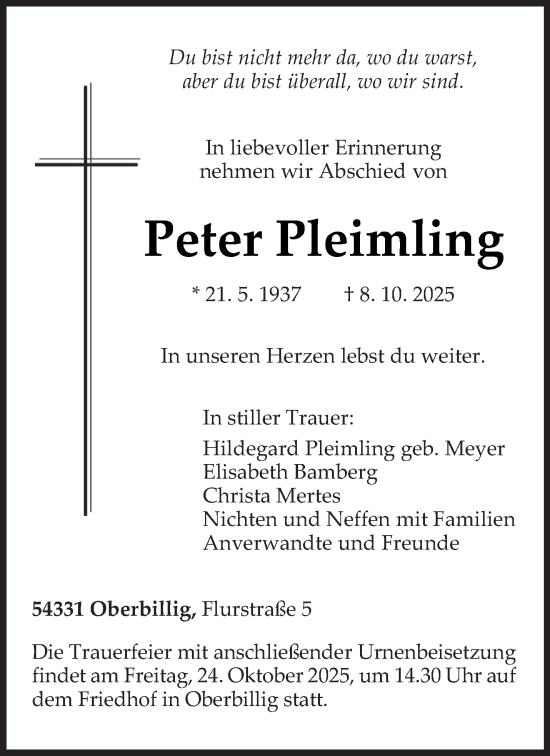 Traueranzeige von Peter Pleimling von trierischer_volksfreund