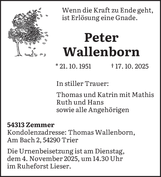 Traueranzeige von Peter Wallenborn von trierischer_volksfreund