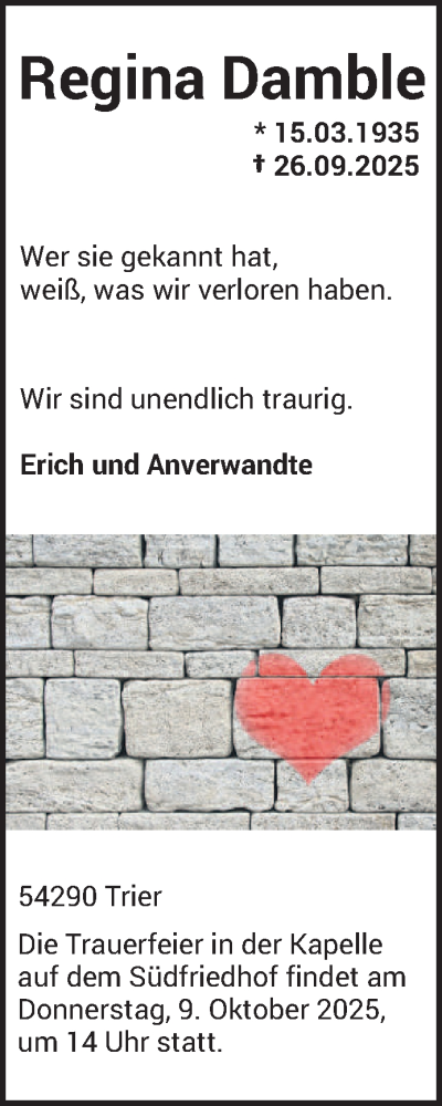 Traueranzeige von Regina Damble von trierischer_volksfreund
