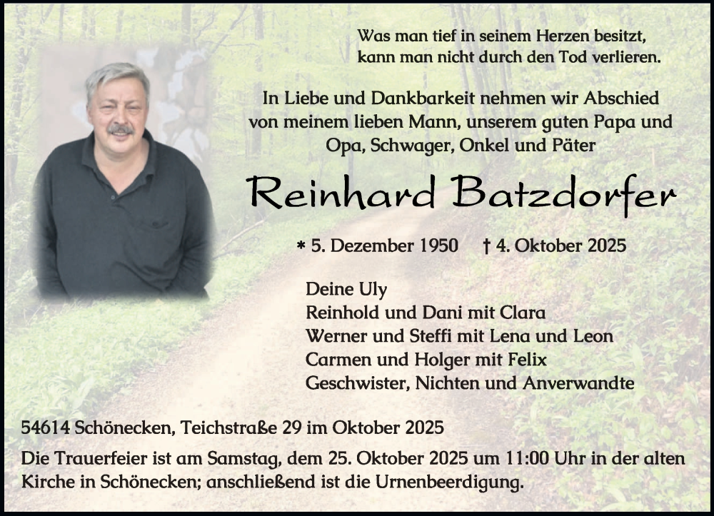  Traueranzeige für Reinhard Batzdorfer vom 15.10.2025 aus trierischer_volksfreund