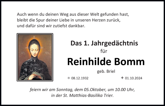 Traueranzeige von Reinhilde Bomm von trierischer_volksfreund