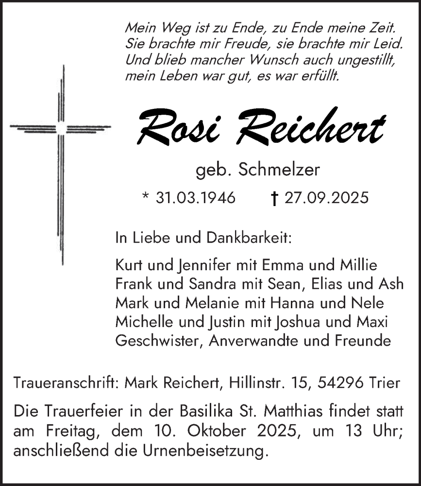 Traueranzeige für Rosi Reichert vom 04.10.2025 aus trierischer_volksfreund