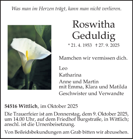 Traueranzeige von Roswitha Geduldig von trierischer_volksfreund