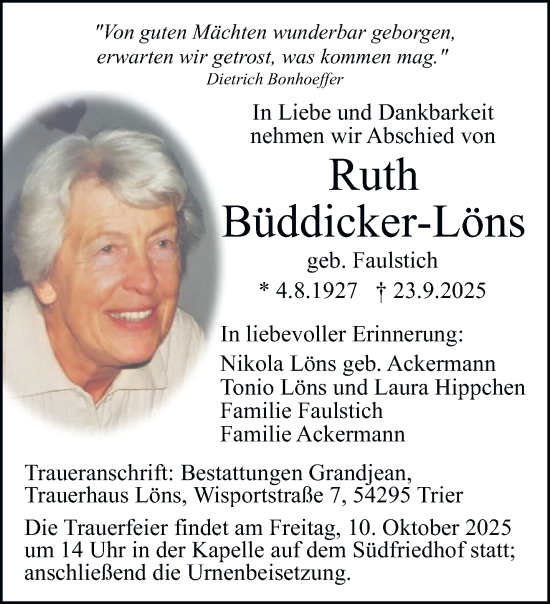Traueranzeige von Ruth Büddicker-Löns von trierischer_volksfreund