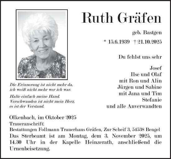 Traueranzeige von Ruth Gräfen von trierischer_volksfreund