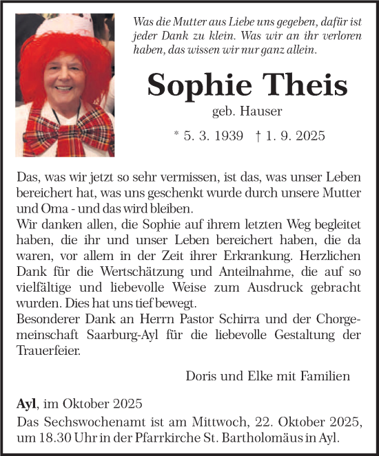 Traueranzeige von Sophie Theis von trierischer_volksfreund