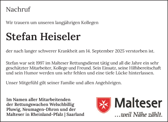 Traueranzeige von Stefan Heiseler von trierischer_volksfreund