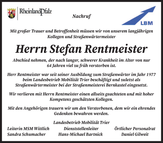 Traueranzeige von Stefan Rentmeister von trierischer_volksfreund