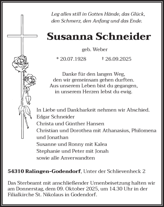 Traueranzeige von Susanna Schneider von trierischer_volksfreund