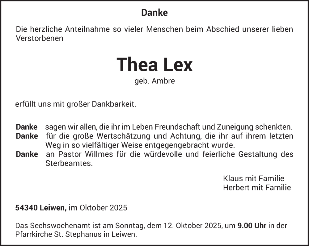  Traueranzeige für Thea Lex vom 04.10.2025 aus trierischer_volksfreund