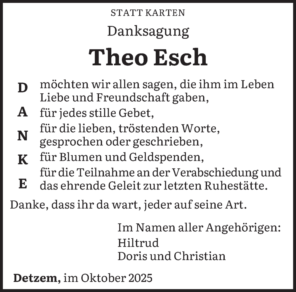  Traueranzeige für Theo Esch vom 18.10.2025 aus trierischer_volksfreund