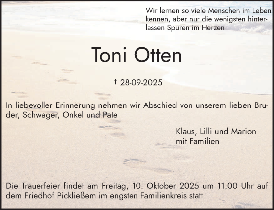 Traueranzeige von Toni Otten von trierischer_volksfreund