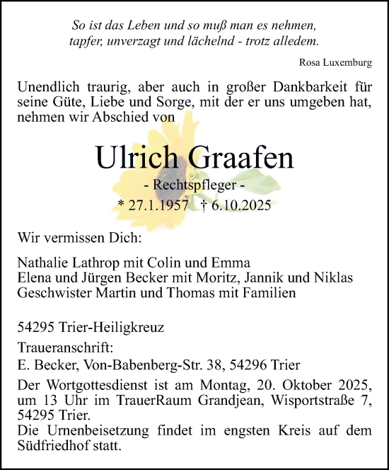 Traueranzeige von Ulrich Graafen von trierischer_volksfreund