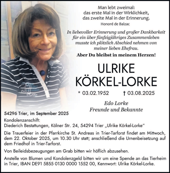 Traueranzeige von Ulrike Körkel-Lorke von trierischer_volksfreund