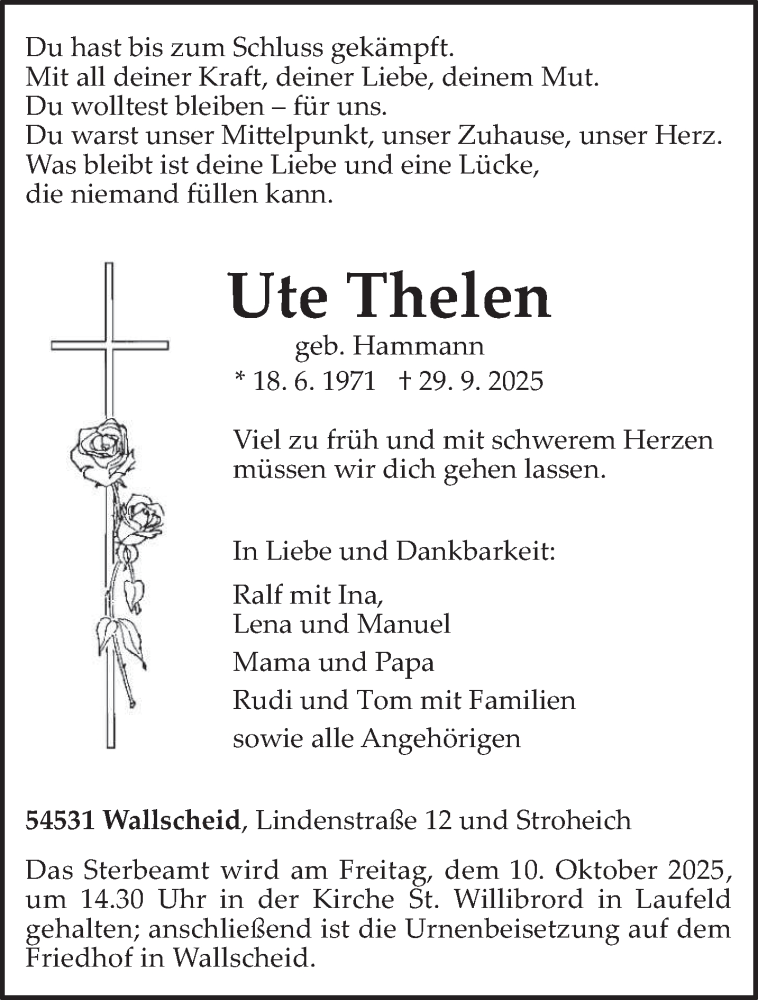  Traueranzeige für Ute Thelen vom 04.10.2025 aus trierischer_volksfreund