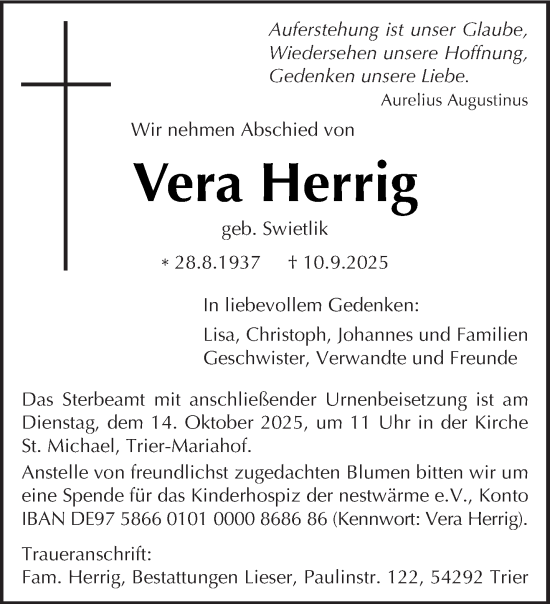 Traueranzeige von Vera Herrig von trierischer_volksfreund