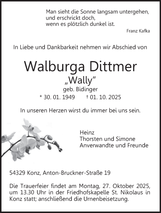 Traueranzeige von Walburga Dittmer von trierischer_volksfreund