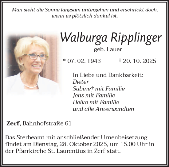 Traueranzeige von Walburga Ripplinger von trierischer_volksfreund