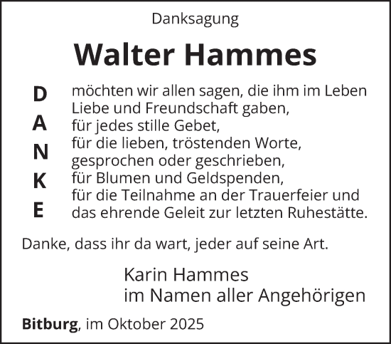 Traueranzeige von Walter Hammes von trierischer_volksfreund