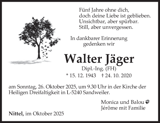 Traueranzeige von Walter Jäger von trierischer_volksfreund