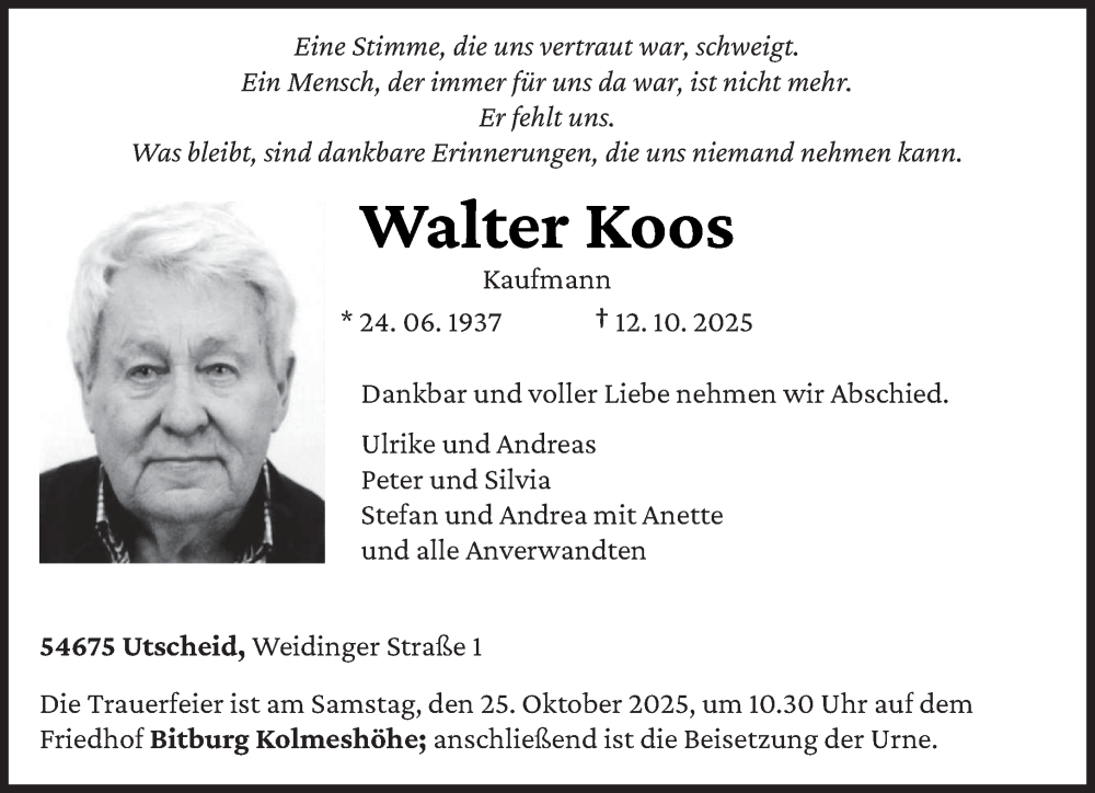  Traueranzeige für Walter Koos vom 22.10.2025 aus trierischer_volksfreund