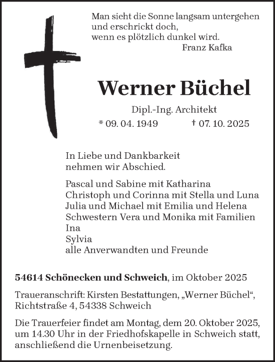 Traueranzeige von Werner Büchel von trierischer_volksfreund