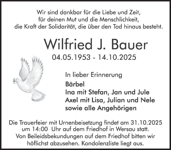 Traueranzeige von Wilfried J. Bauer von trierischer_volksfreund