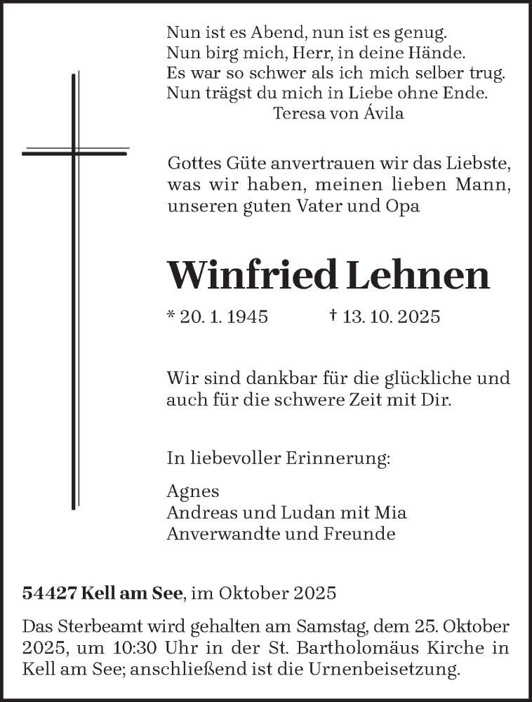  Traueranzeige für Winfried Lehnen vom 22.10.2025 aus trierischer_volksfreund