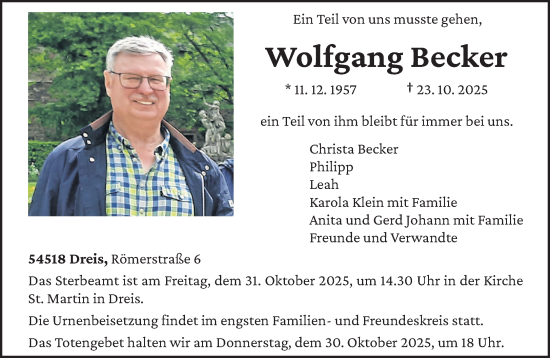 Traueranzeige von Wolfgang Becker von trierischer_volksfreund