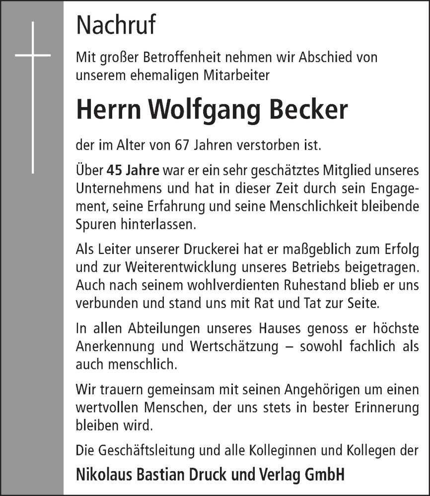  Traueranzeige für Wolfgang Becker vom 29.10.2025 aus trierischer_volksfreund